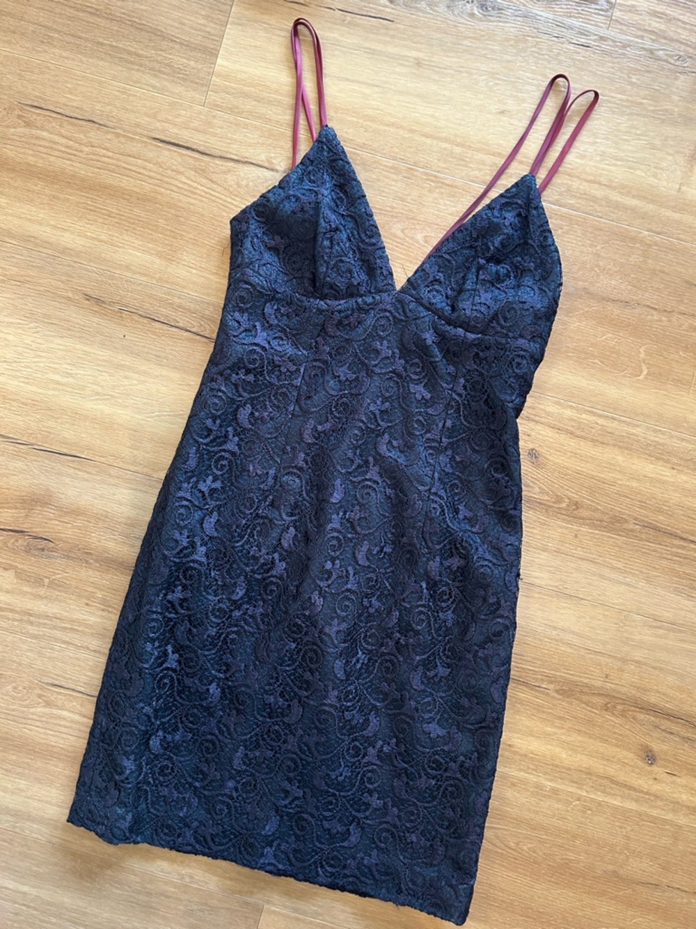 Vintage Blue Lace Slip Dress with Burgundy Straps